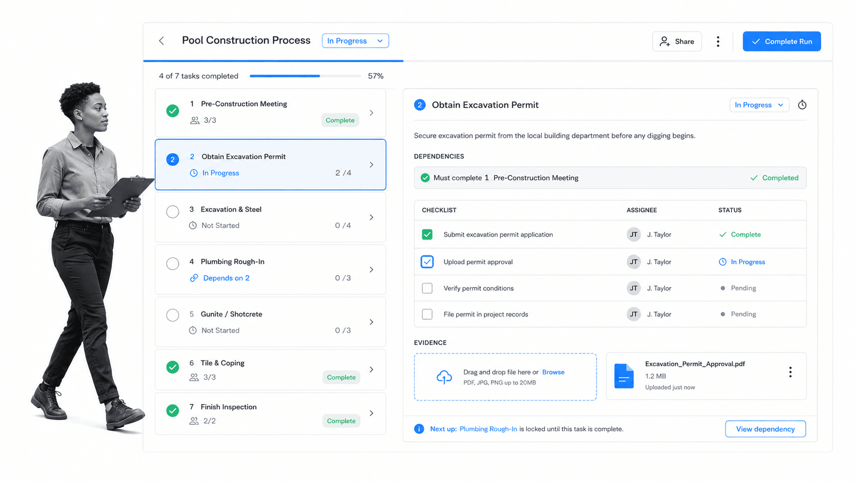 Pool construction workflow screen with excavation permit task and dependency tracking