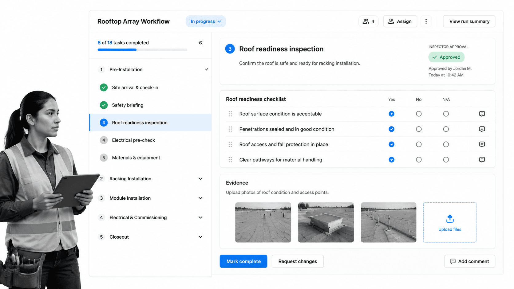 Solar panel installation workflow screen with rooftop readiness checklist and evidence upload