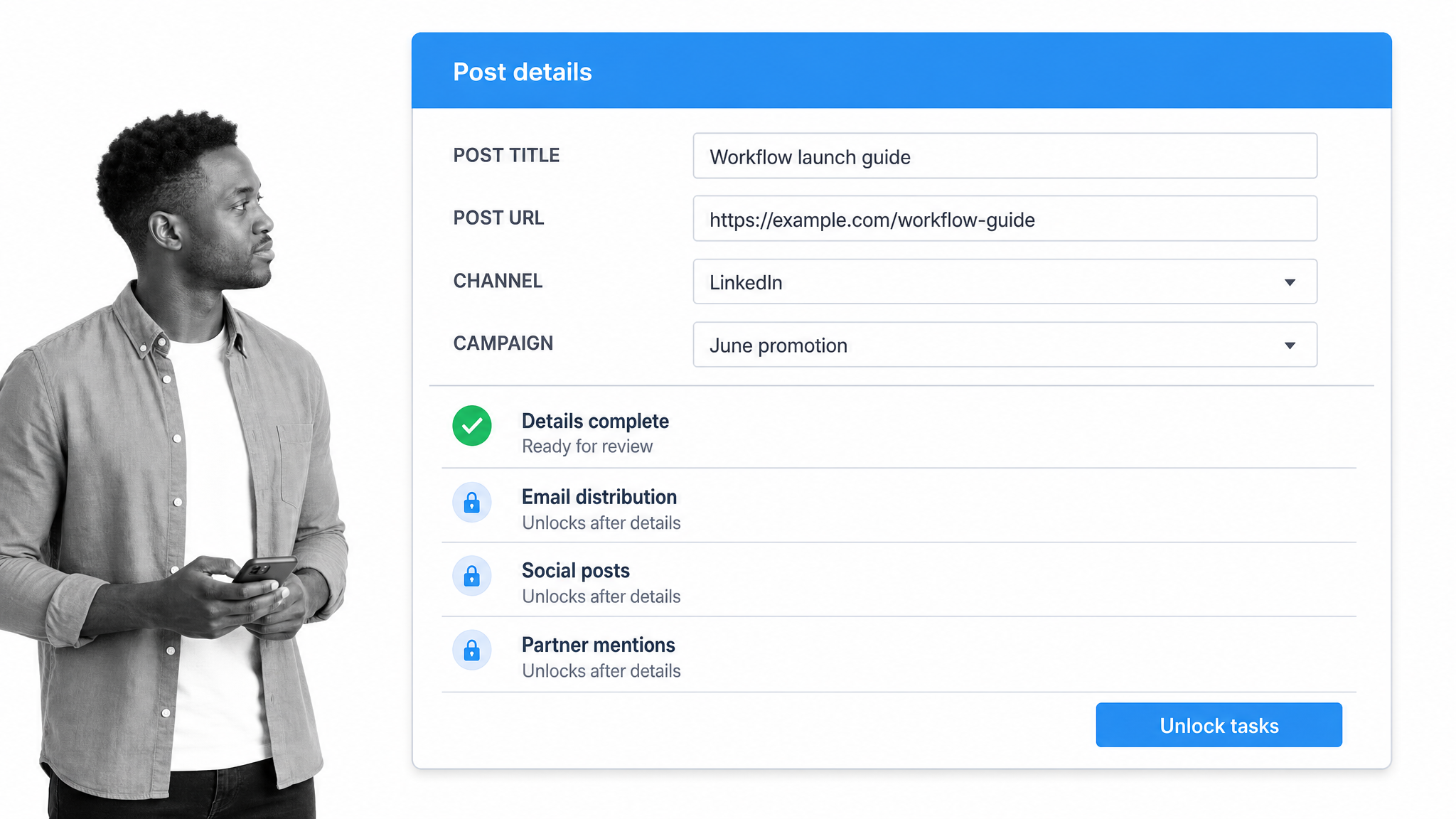 Process Street content promotion workflow showing required post details before distribution tasks unlock