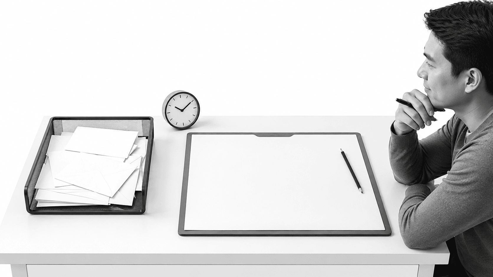 Admin tray beside a large blank work board, representing batching admin to protect deep work.