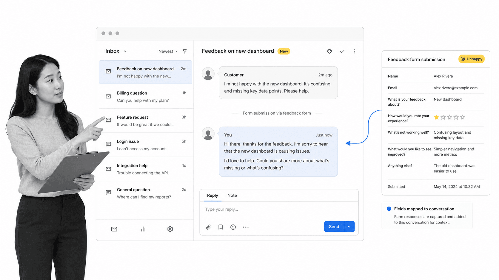 A form submission moving into a customer support inbox automation with a small black-and-white support specialist at the edge
