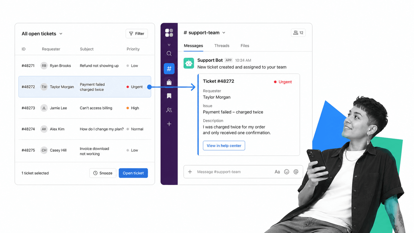 A new support ticket routed into a team notification stream with a small black-and-white operations specialist at the edge