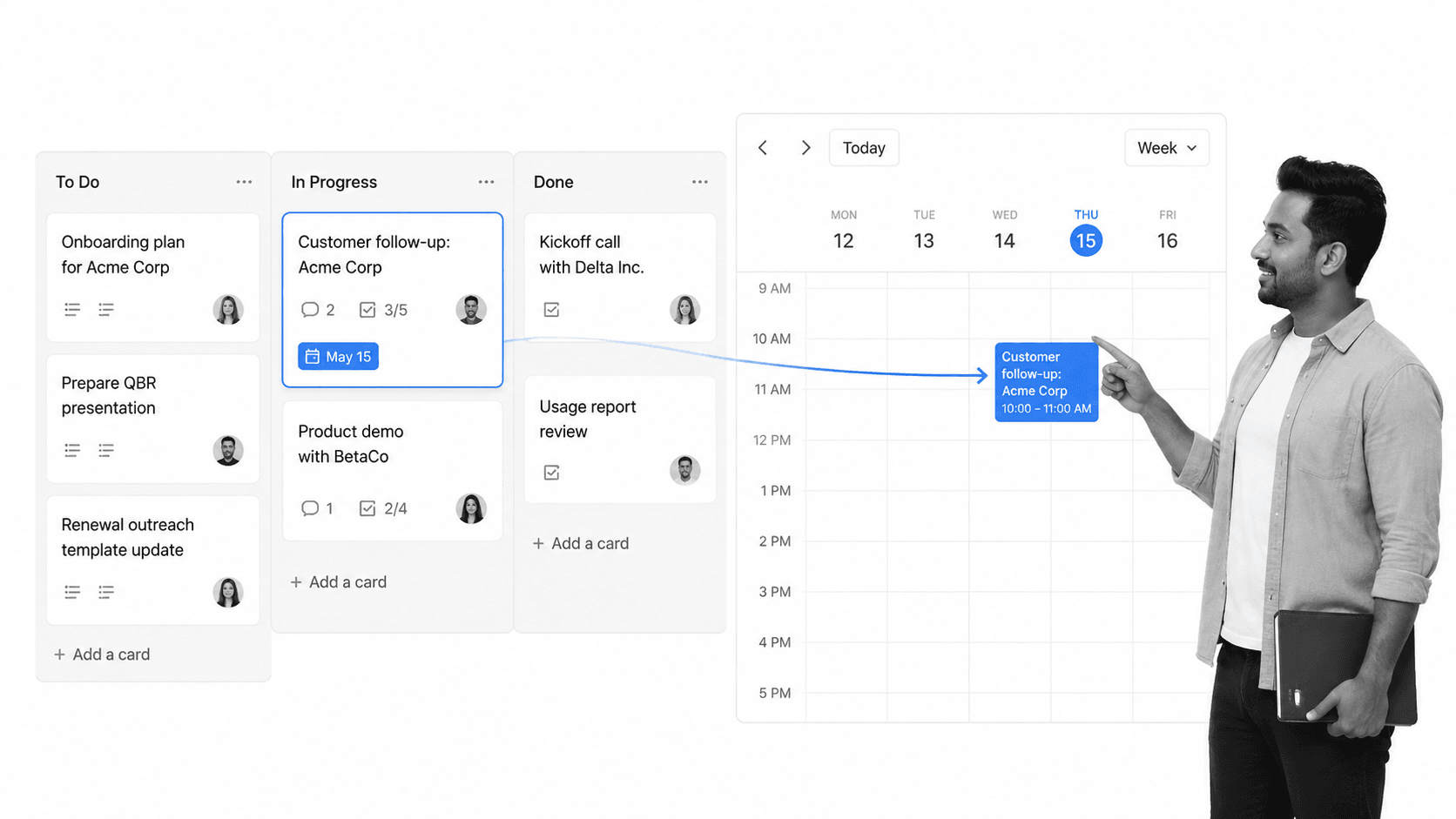 A customer success task card turning into a calendar event with a small black-and-white planner at the edge