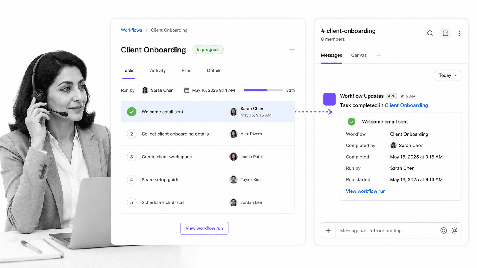 A workflow task checkoff sending a team notification with a small black-and-white operations specialist at the edge