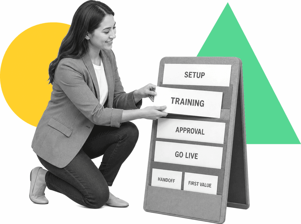 Customer success manager organizing labeled onboarding milestone cards.