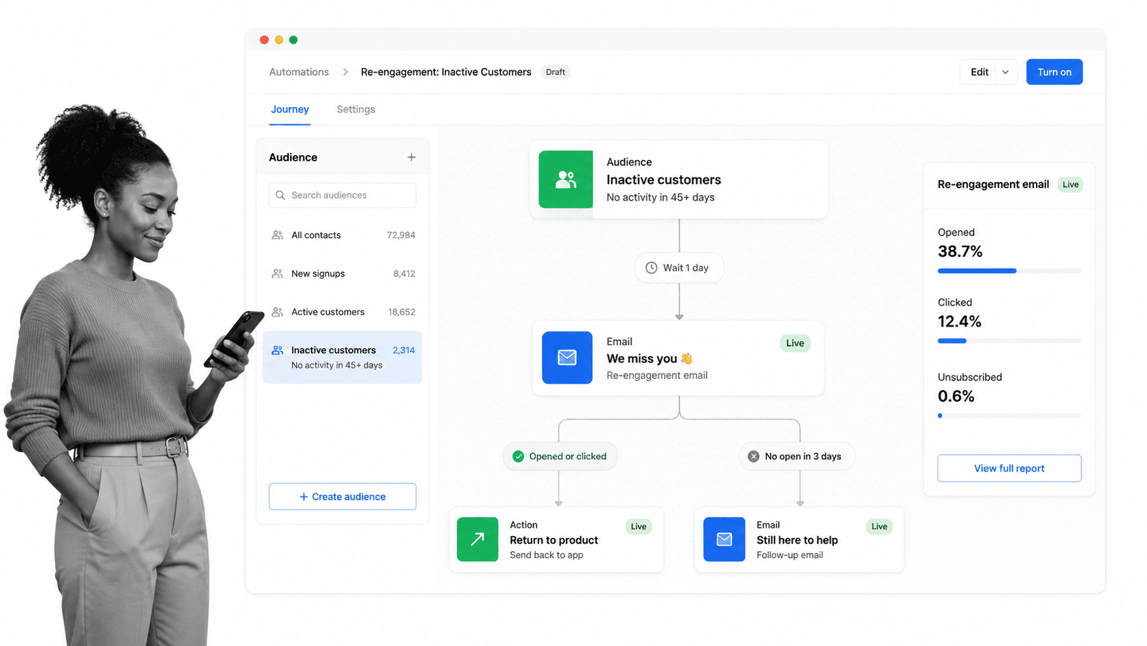 Lifecycle email automation dashboard for re-engaging inactive SaaS customers