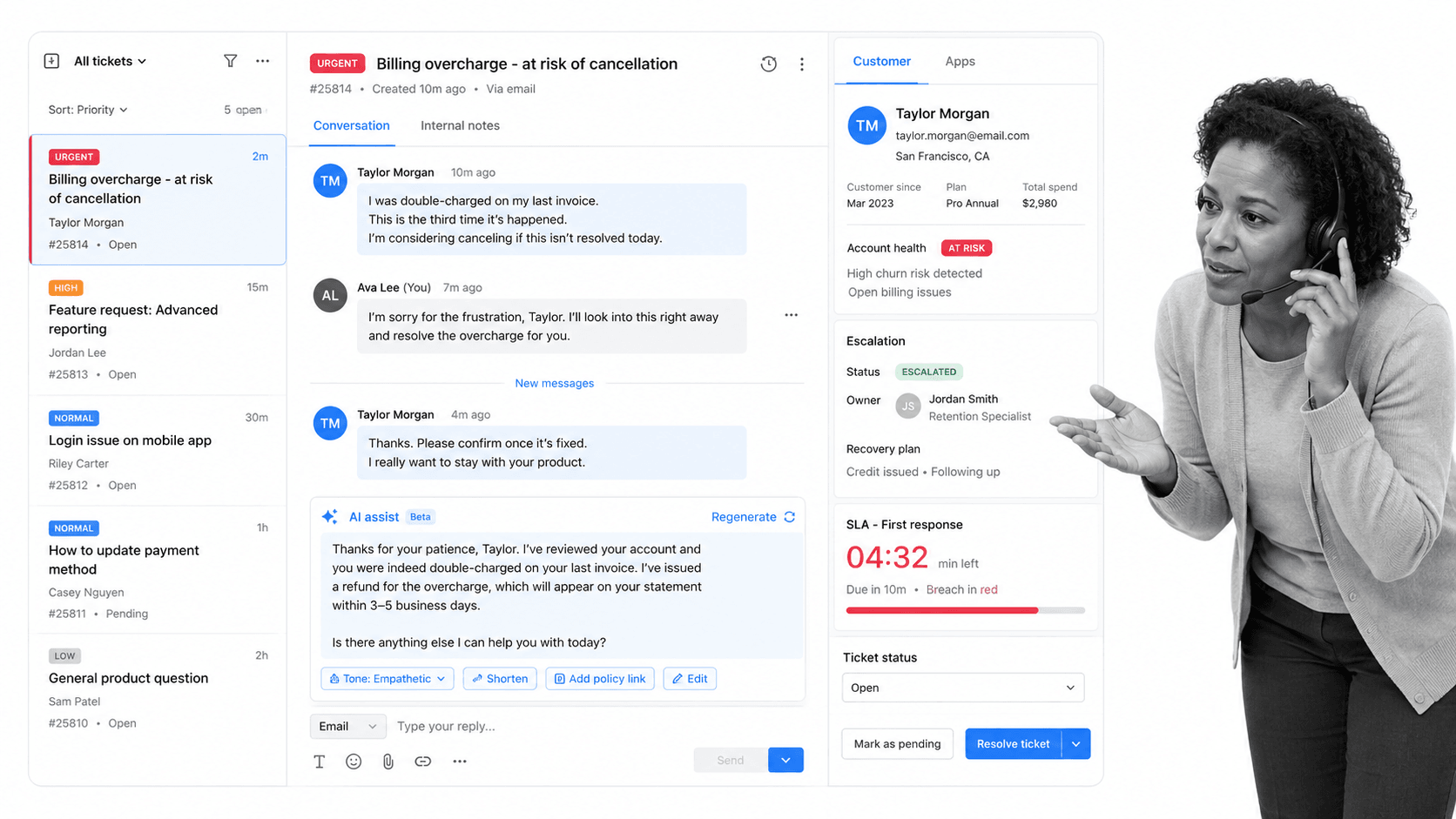 Support ticket dashboard showing response priority and customer recovery work