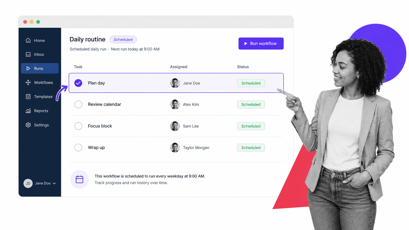 Process Street scheduled daily routine workflow run with tasks, assignees, and status tracking.