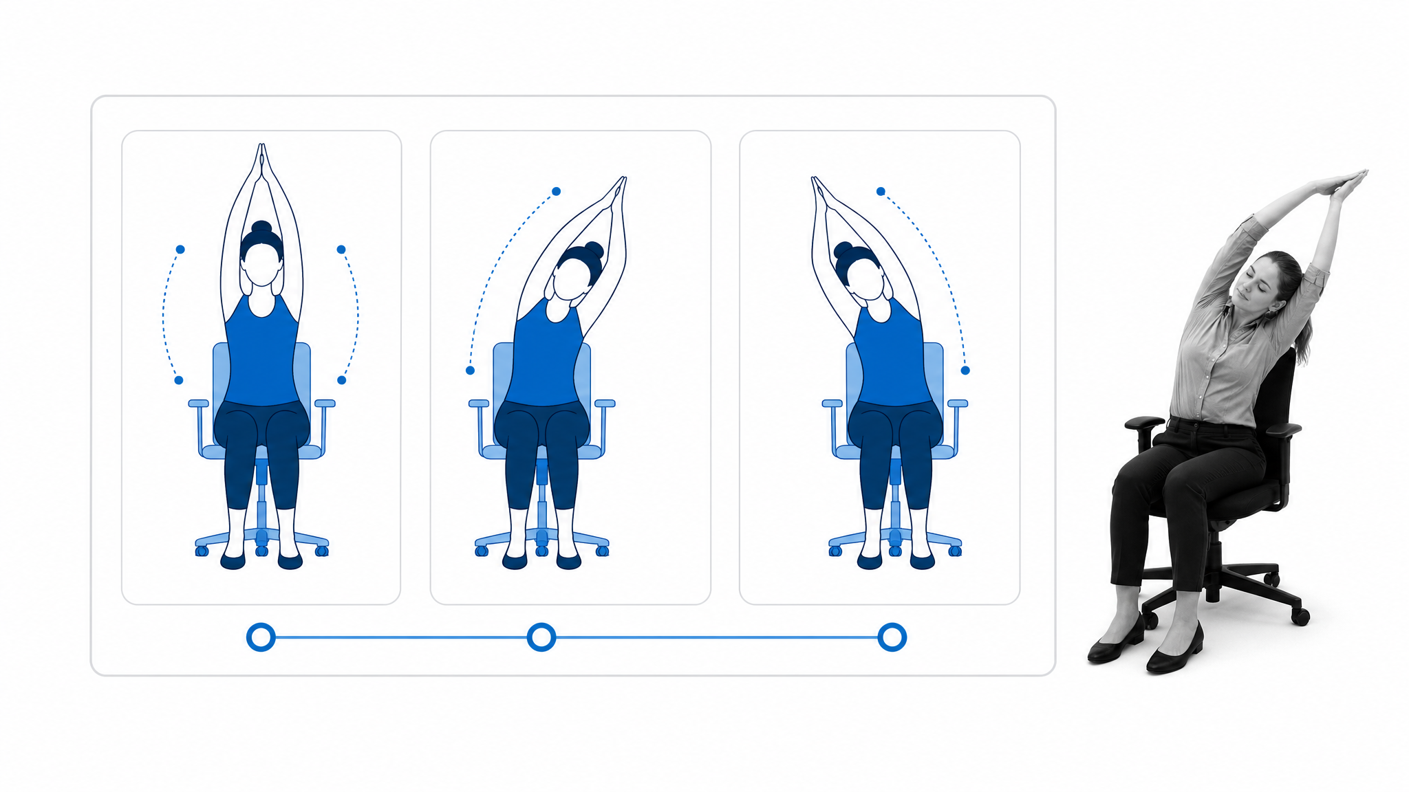B&W desk worker at the edge of a clean sequence graphic for a seated crescent moon stretch
