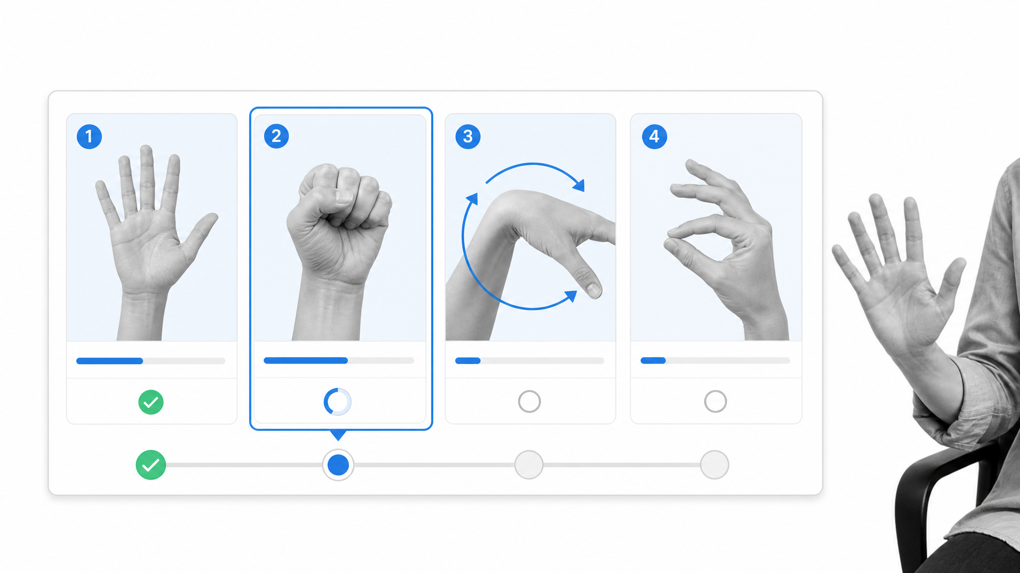 B&W desk worker at the edge of a clean sequence graphic for hand and wrist desk exercises