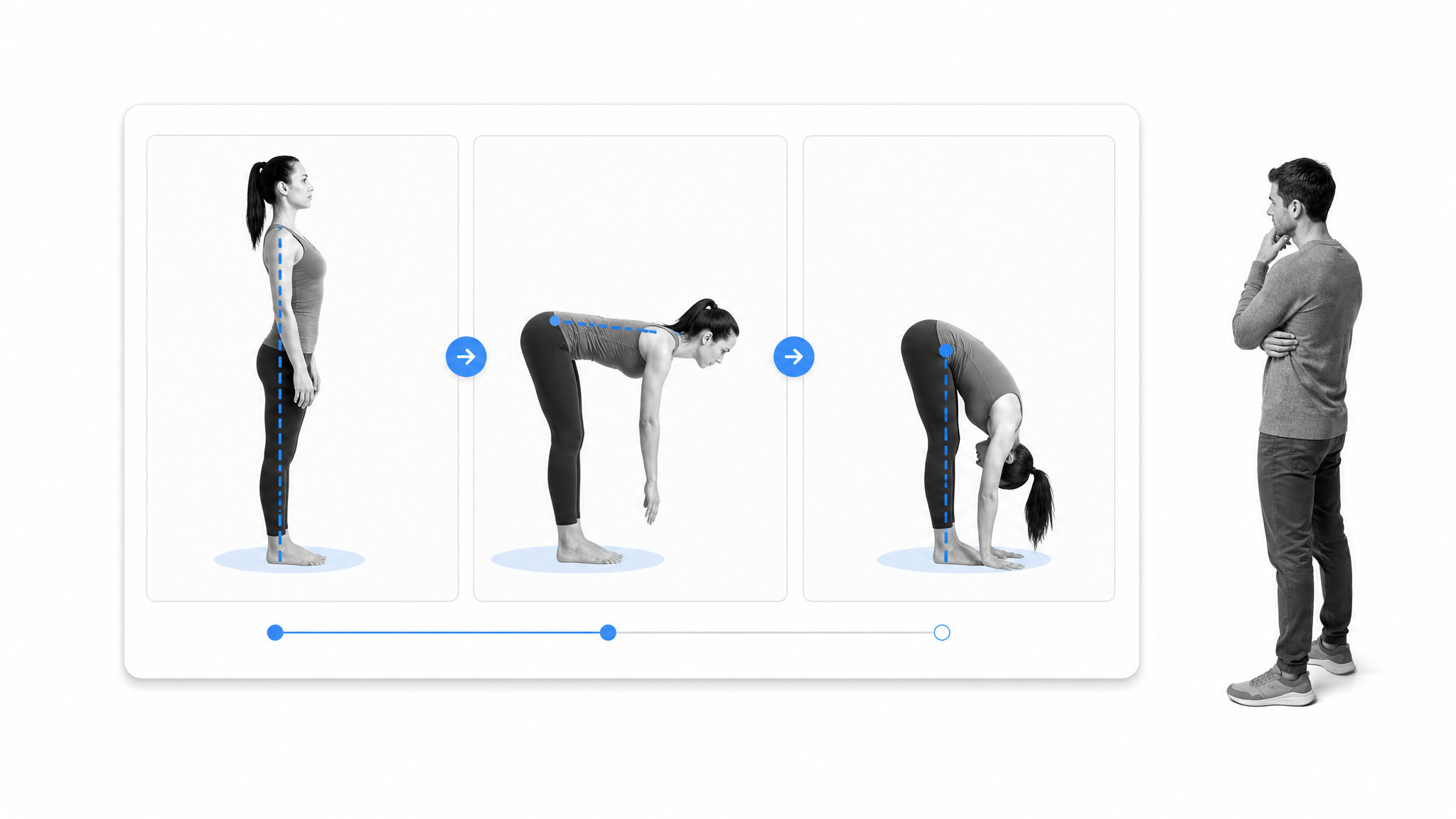 B&W office worker at the edge of a clean sequence graphic for a standing forward fold