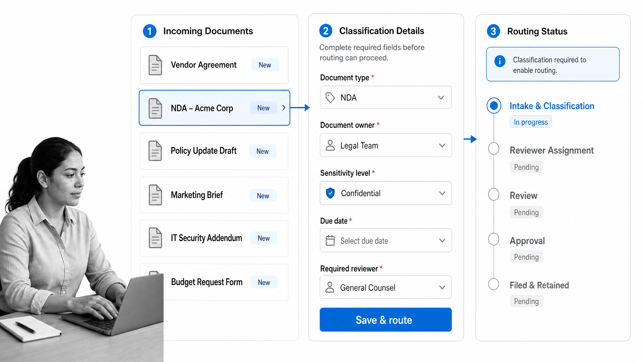 Document intake workflow with classification fields and routing status