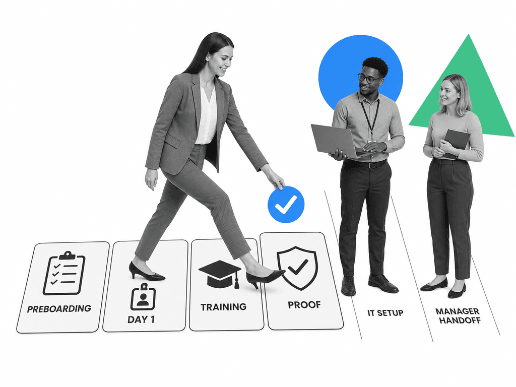 HR manager arranging onboarding checklist cards on a workflow board.
