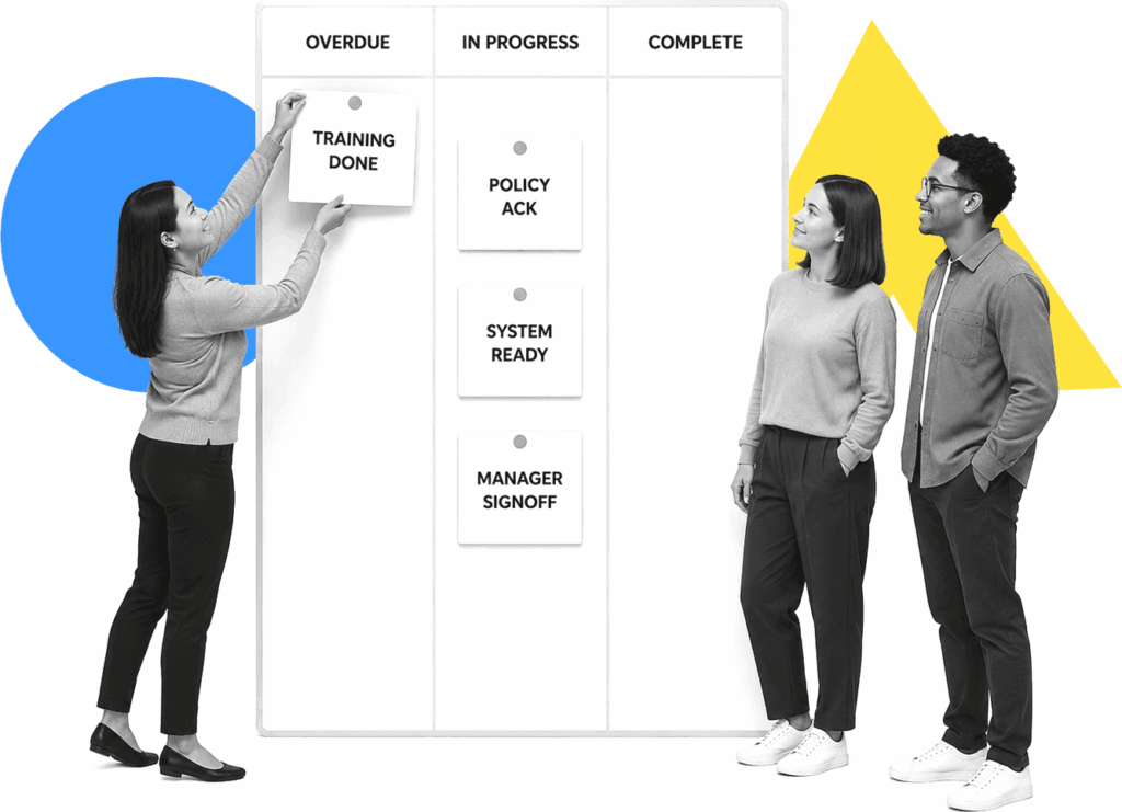 An onboarding trainer moves a training completion card across a new-hire training board.