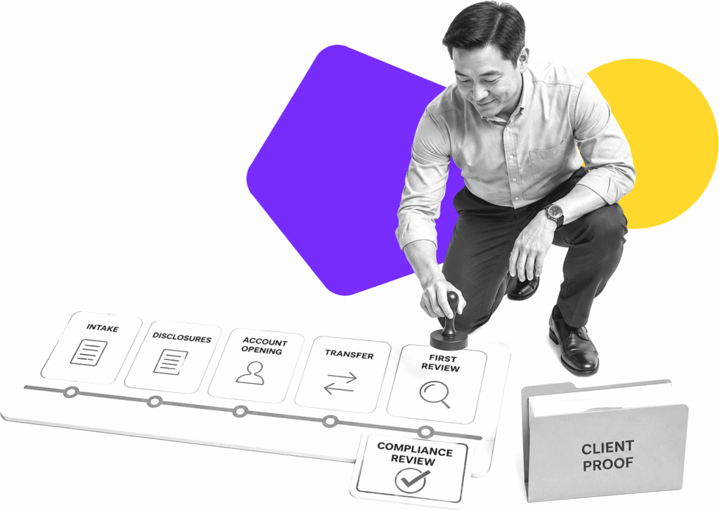 Financial advisor operations lead arranging labeled client onboarding workflow cards.