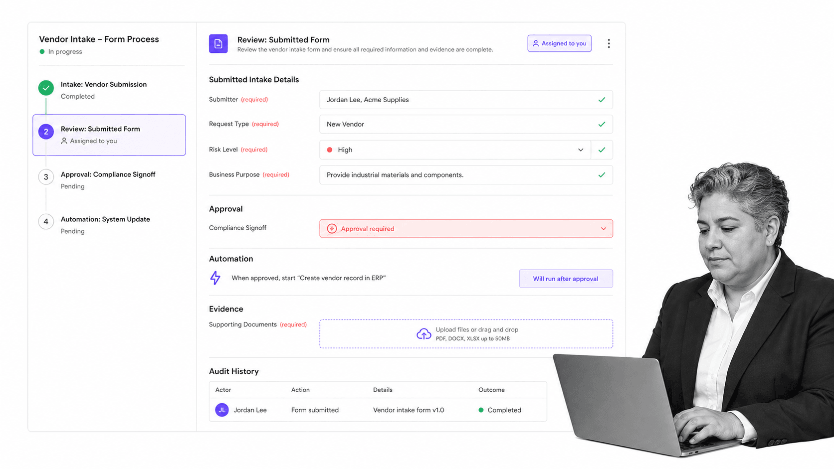 Process Street form process service workflow run with selected process review task approval and evidence fields
