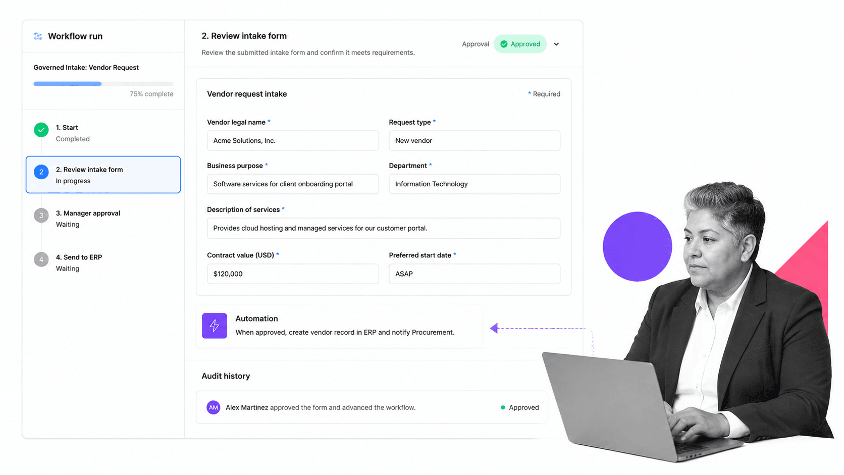 Process Street form repository workflow run with selected intake form task approval chip automation cue and audit row
