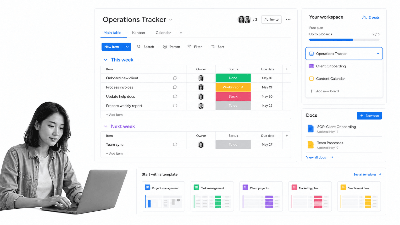 monday.com work board with docs widget, template tiles, and status columns