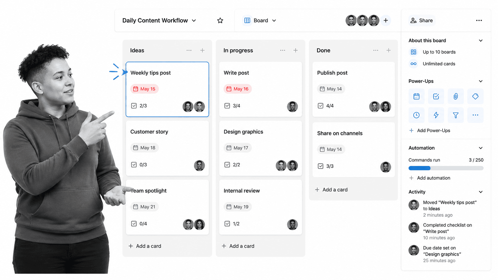 Trello free kanban process board with cards, due dates, checklist badges, and Power-Up icons