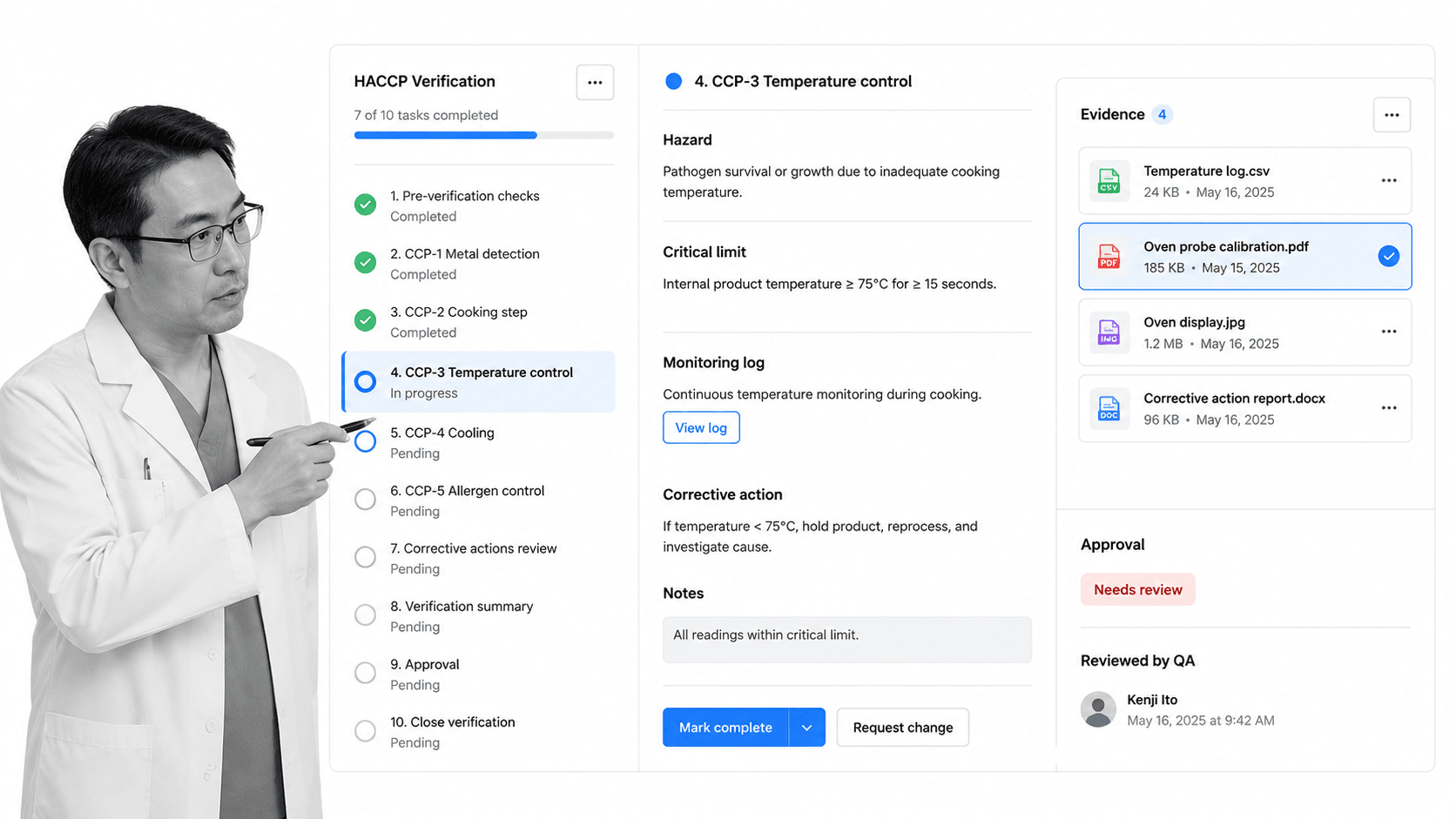 HACCP verification workflow with critical control point temperature control and evidence review