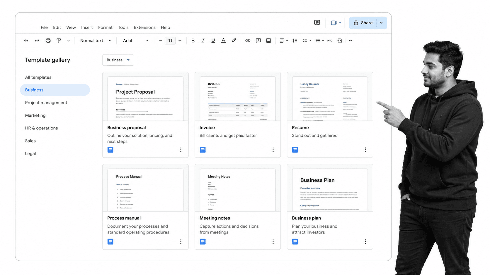Business workflow illustration for 50 google docs templates