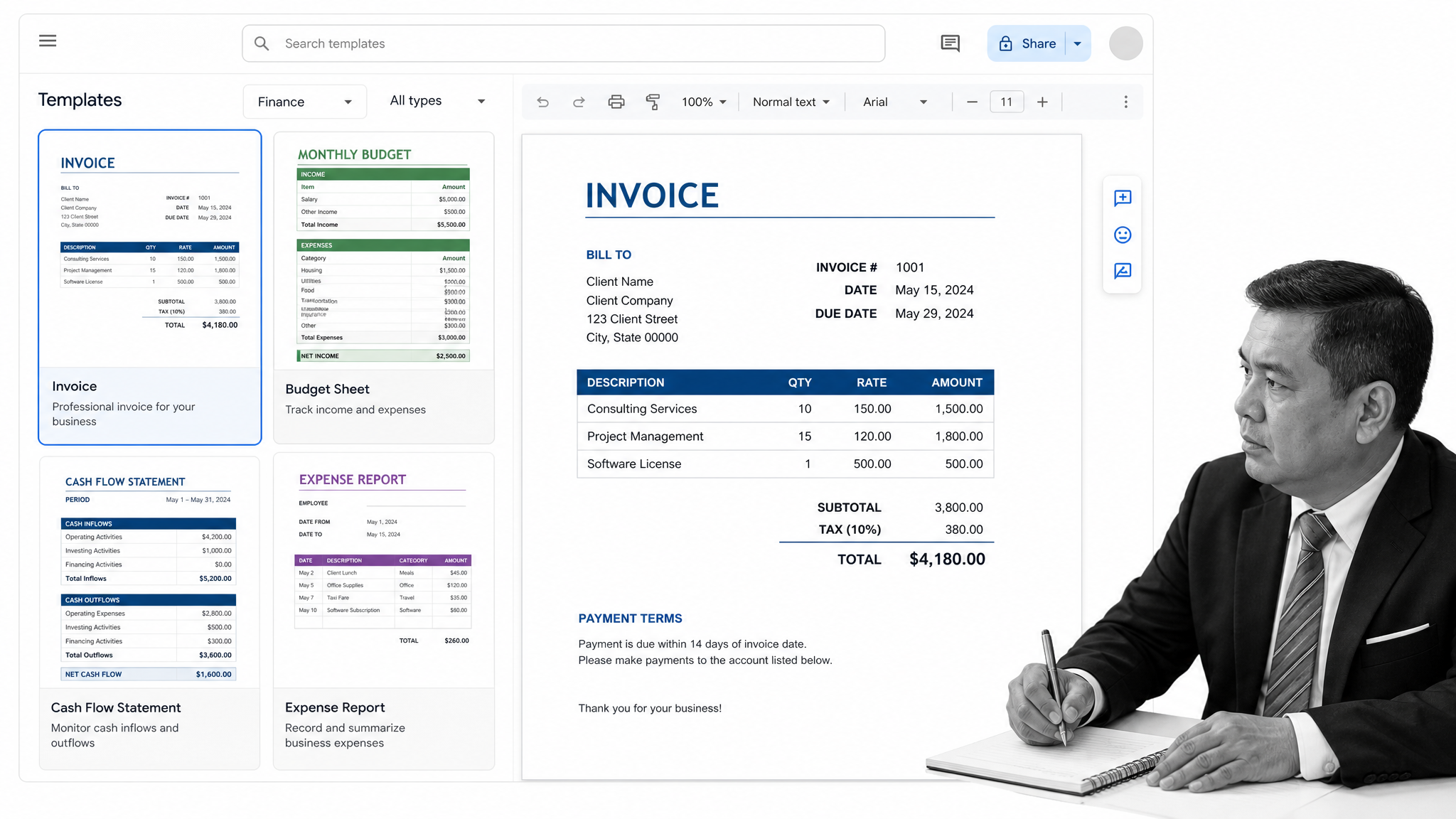 Business workflow illustration for google docs templates for finance