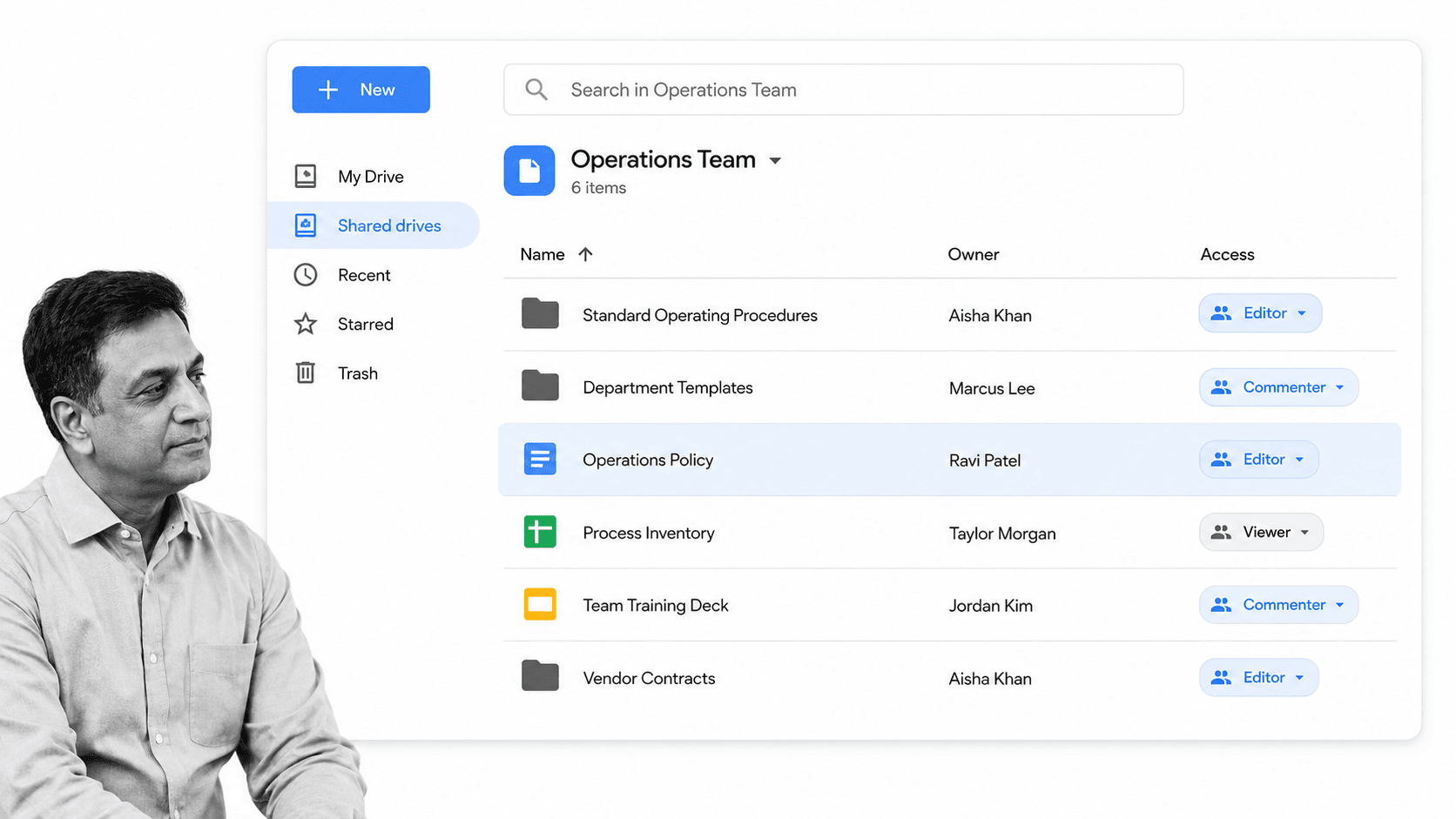 Google Drive document management workspace with shared folders and version activity