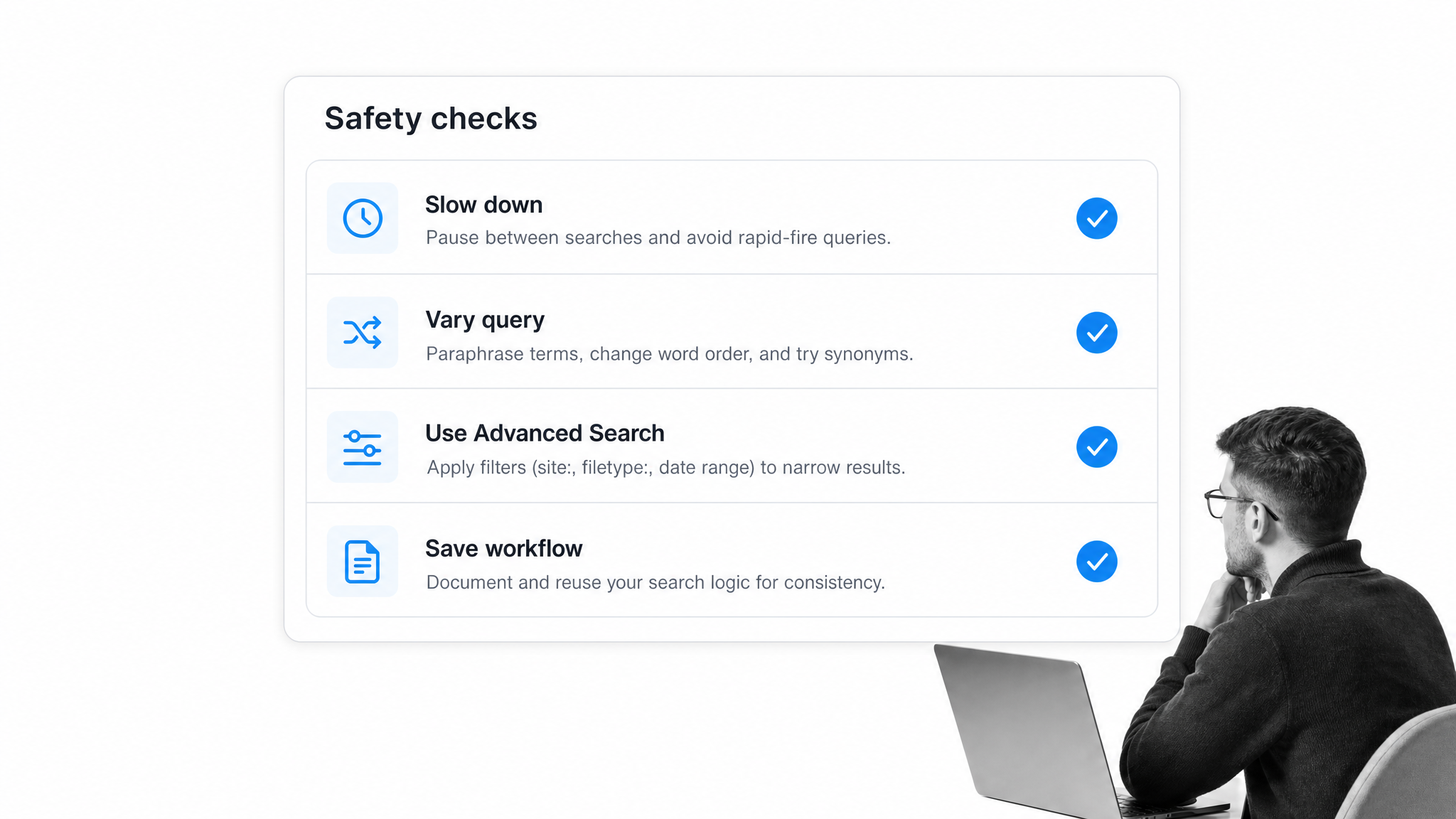 Safety checklist for advanced Google searches and reusable research workflows