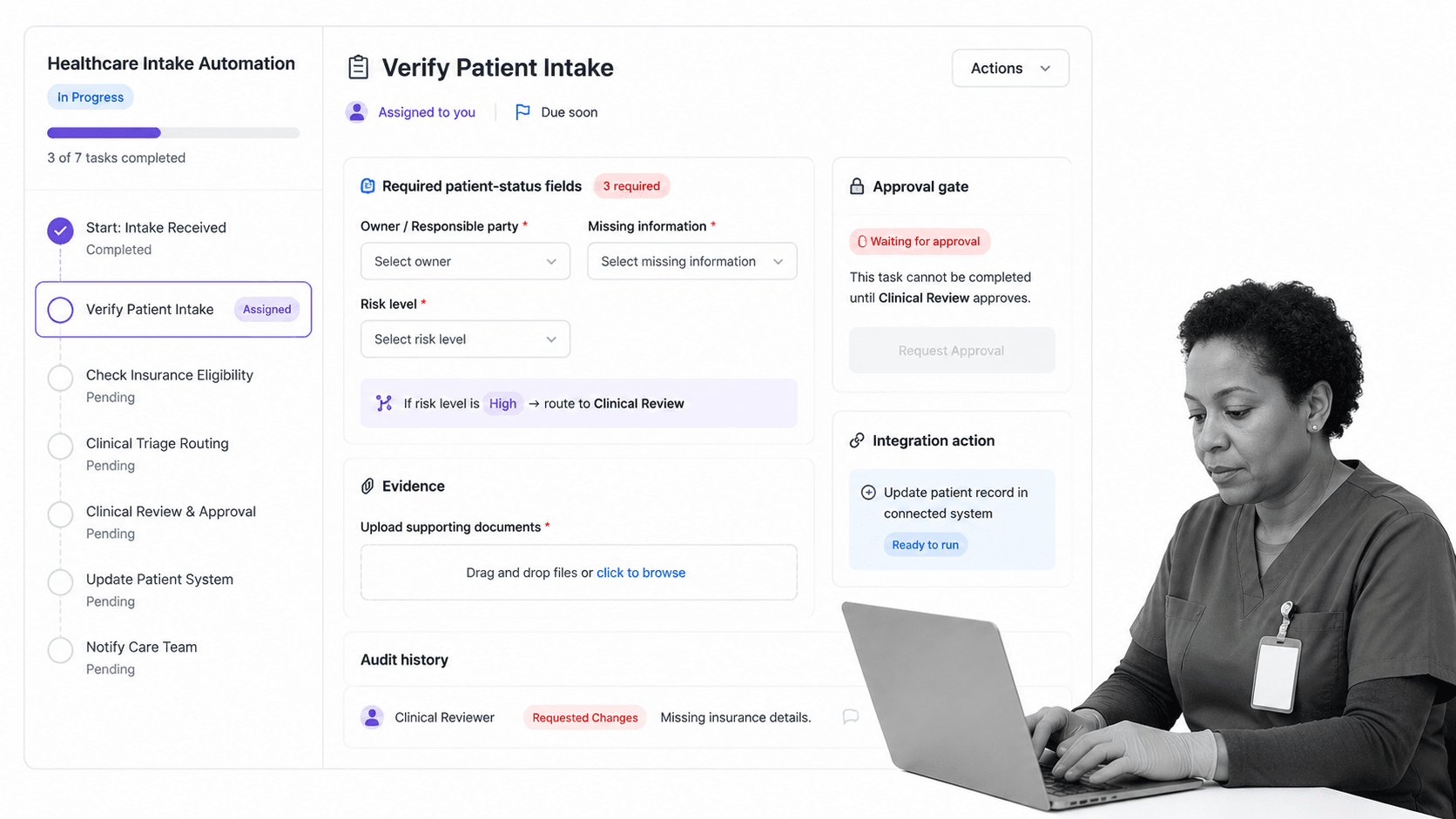 Process Street healthcare automation workflow run with selected intake verification task
