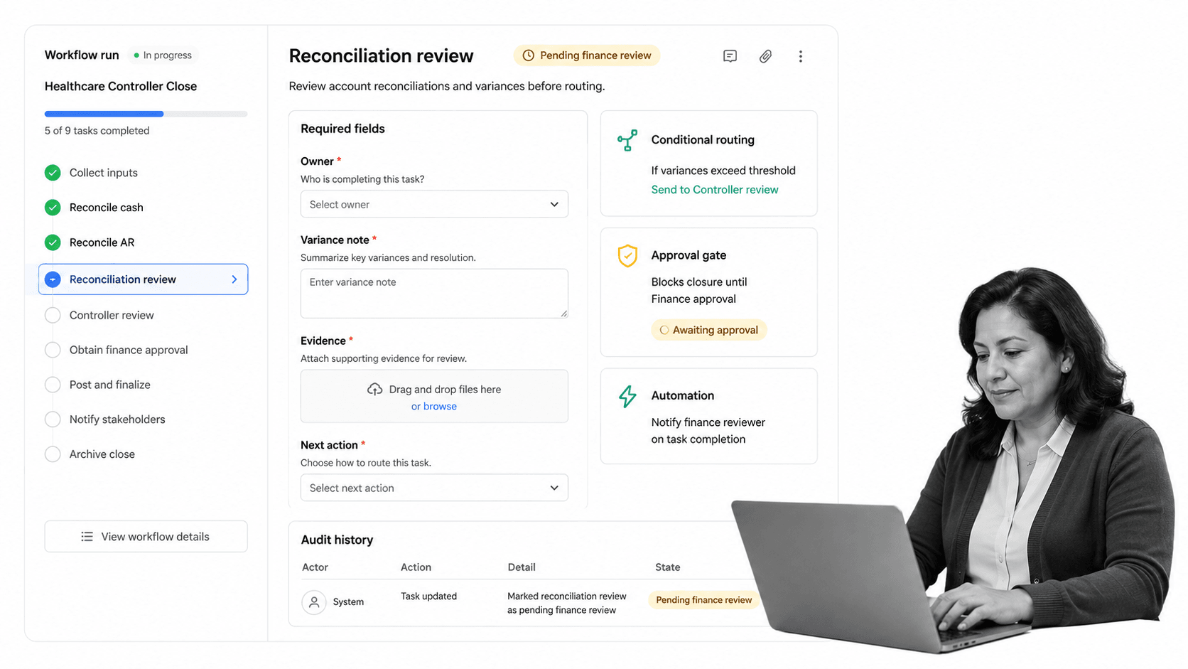 Process Street healthcare controller close workflow with selected reconciliation review task
