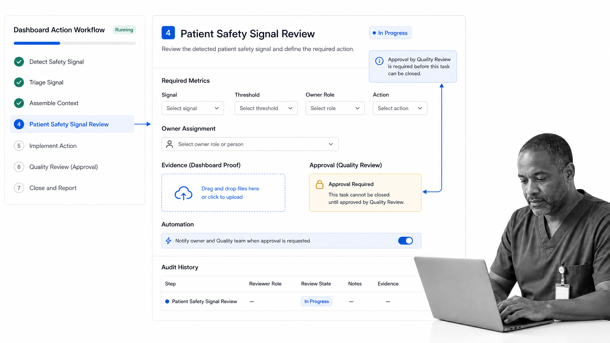 Process Street healthcare dashboard action workflow with selected patient safety signal review task