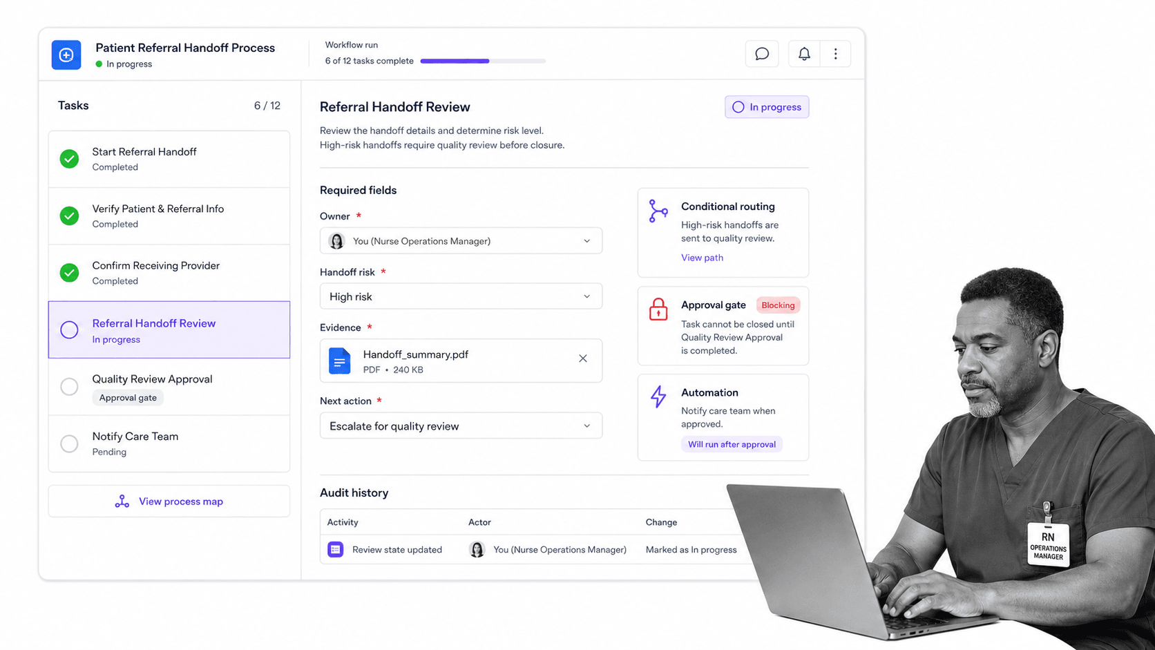 Process Street healthcare process workflow run with selected handoff review task