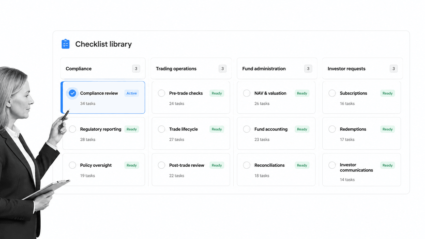 Hedge fund checklist control library with compliance, trading, fund administration, and investor request categories