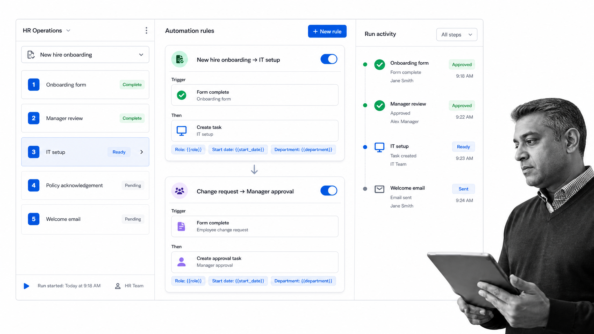 Employee onboarding automation workflow surface with B&W HR operator context