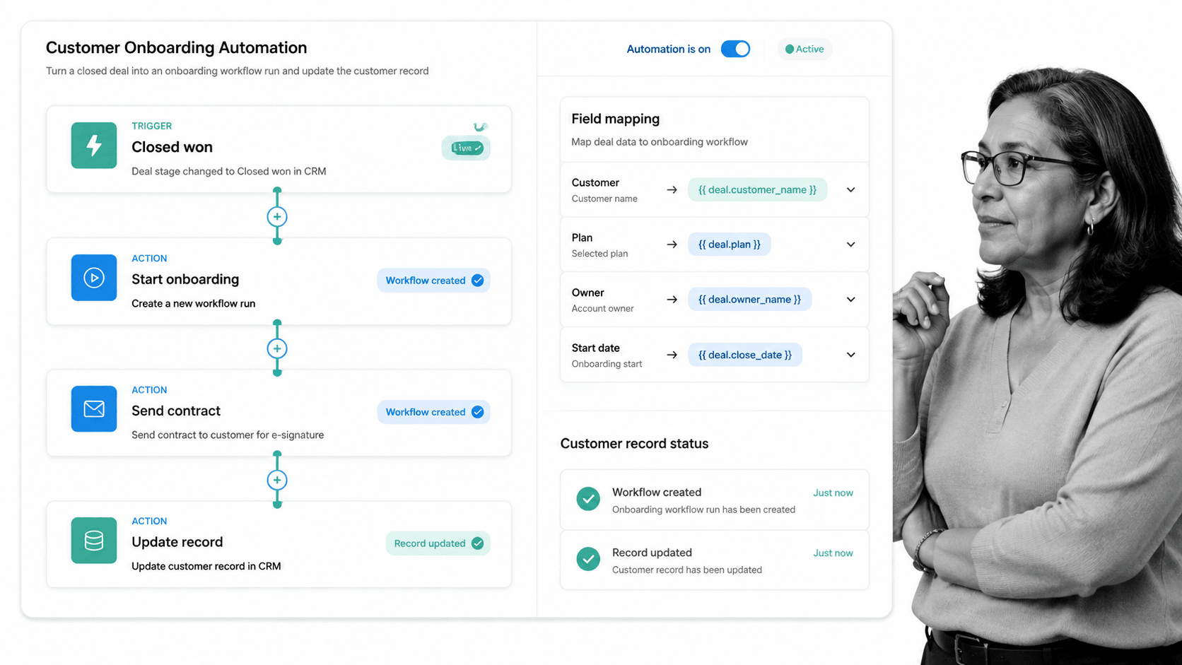 Customer onboarding automation workflow surface with B&W customer success operator context