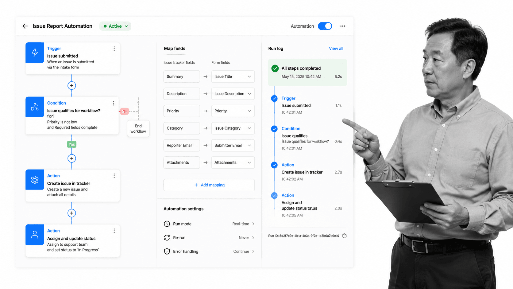 Technical issue report automation workflow surface with B&W support operator context
