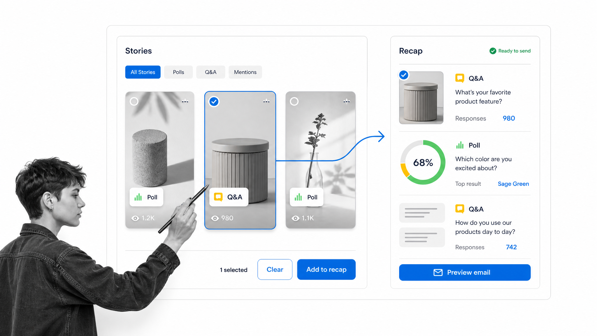 Email marketer organizing Instagram Stories responses into a recap newsletter module