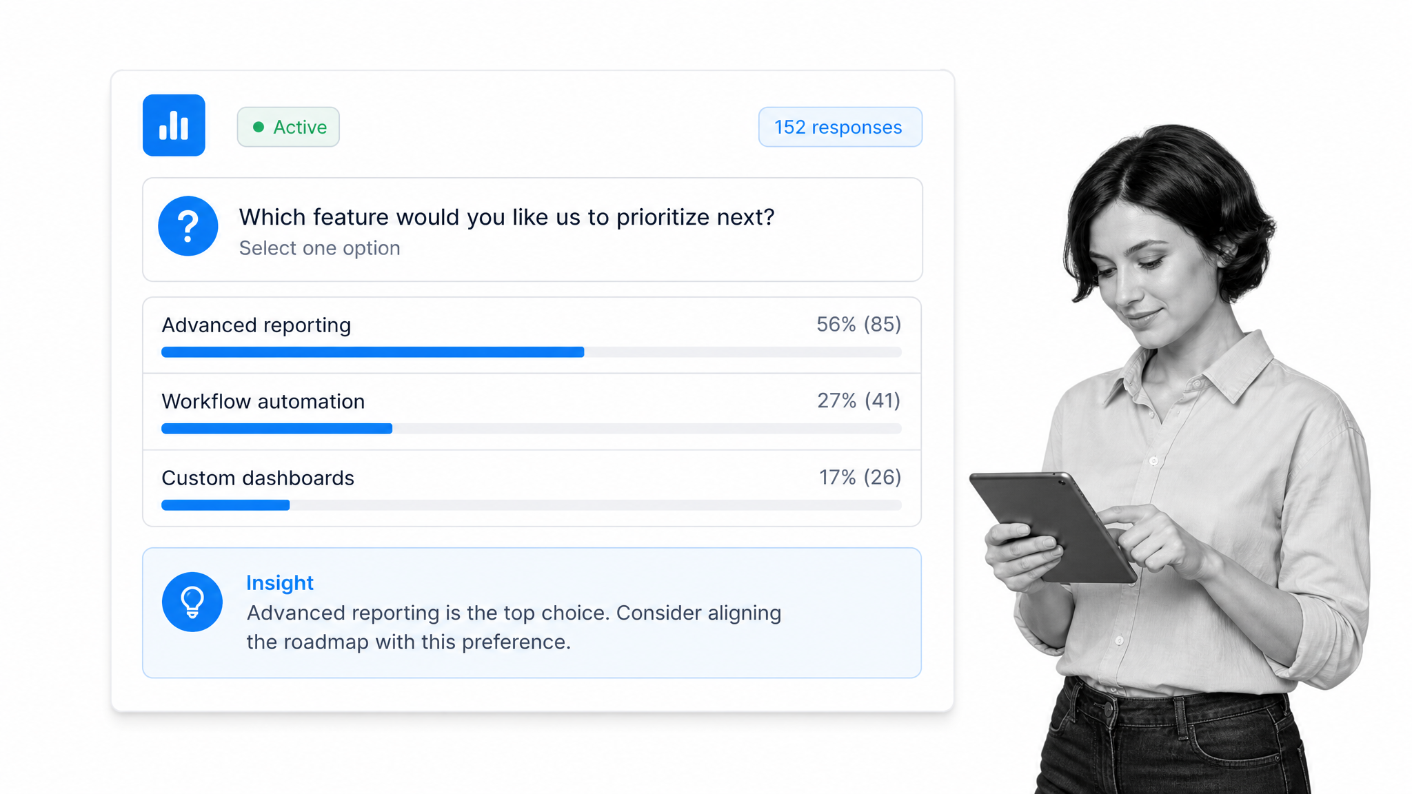 Survey and poll response dashboard with active question and result bars