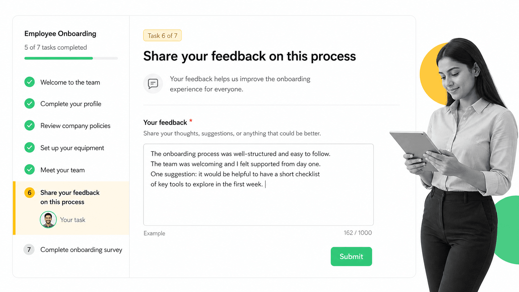 Process Street employee onboarding workflow run with a Share your feedback task and feedback field