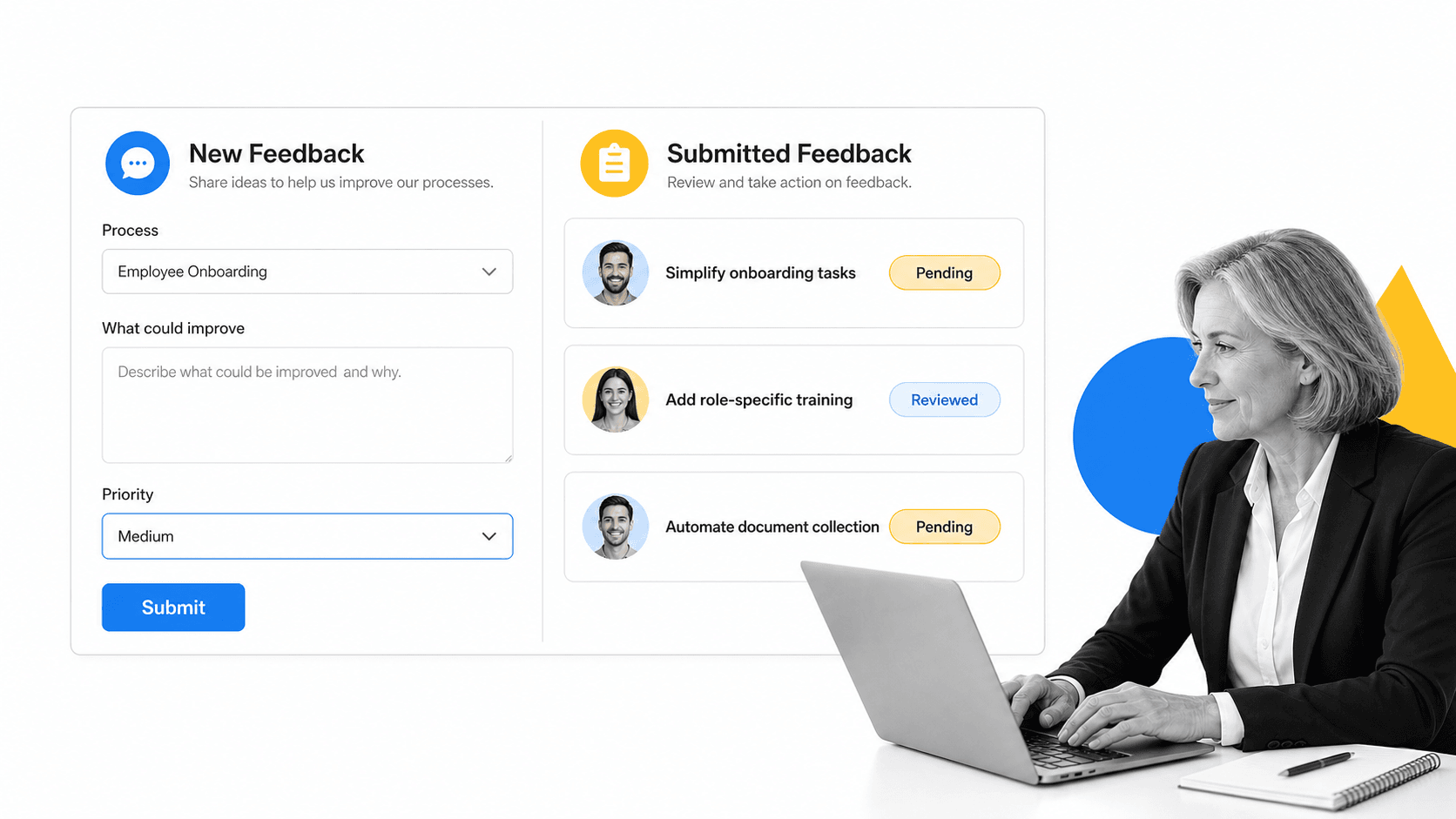 Process Street feedback intake form beside a list of submitted employee feedback with review status