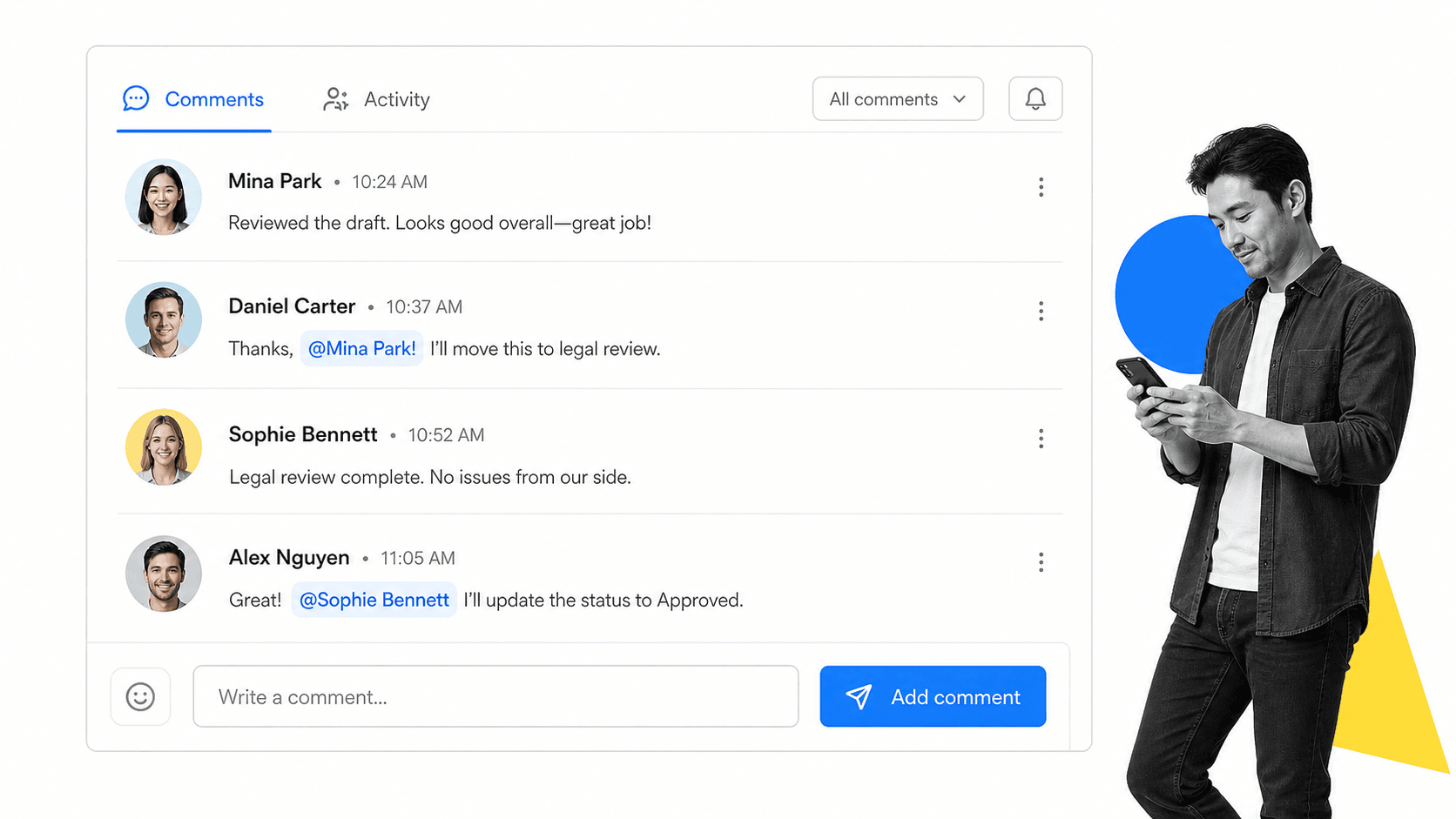 Process Street workflow comments feed where four contributors post on equal footing