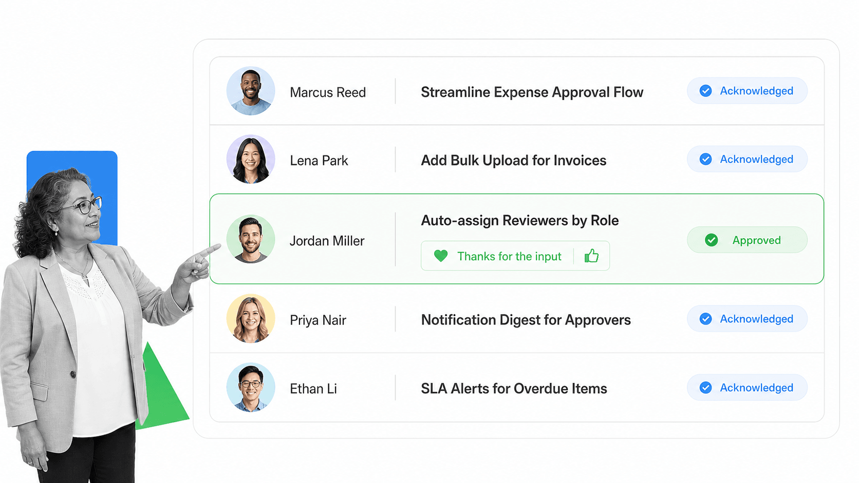 Process Street approvals list acknowledging every contributed suggestion with one approved and a thank-you note