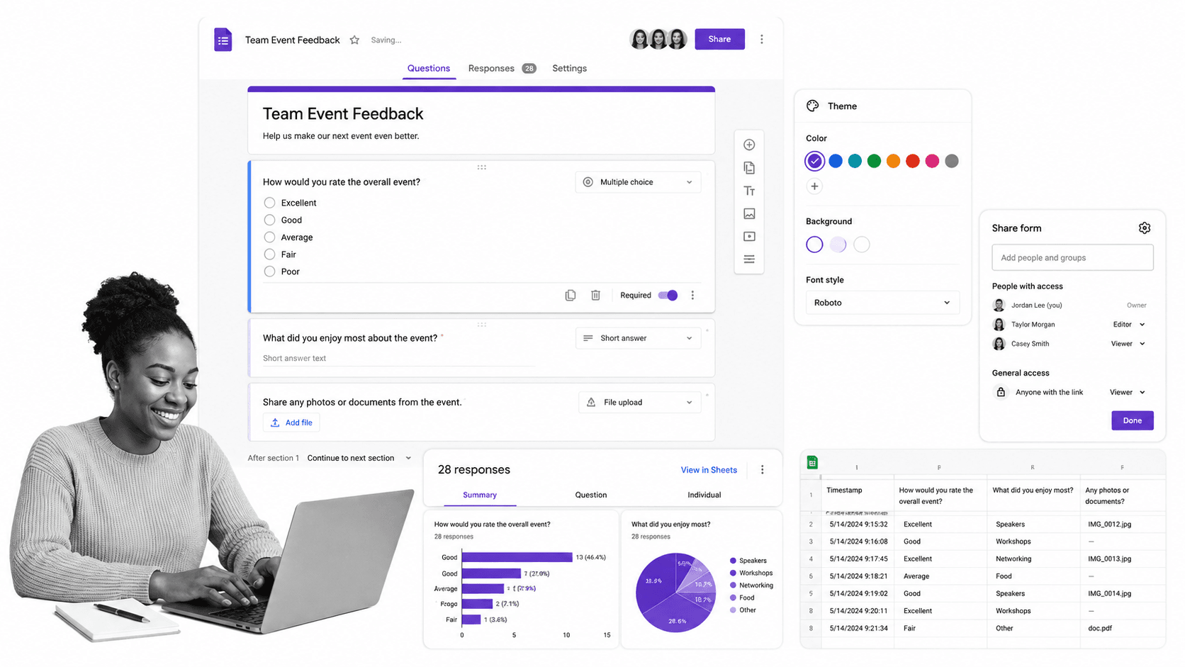 Google Forms Jotform alternative product UI for simple free forms inside Google Workspace