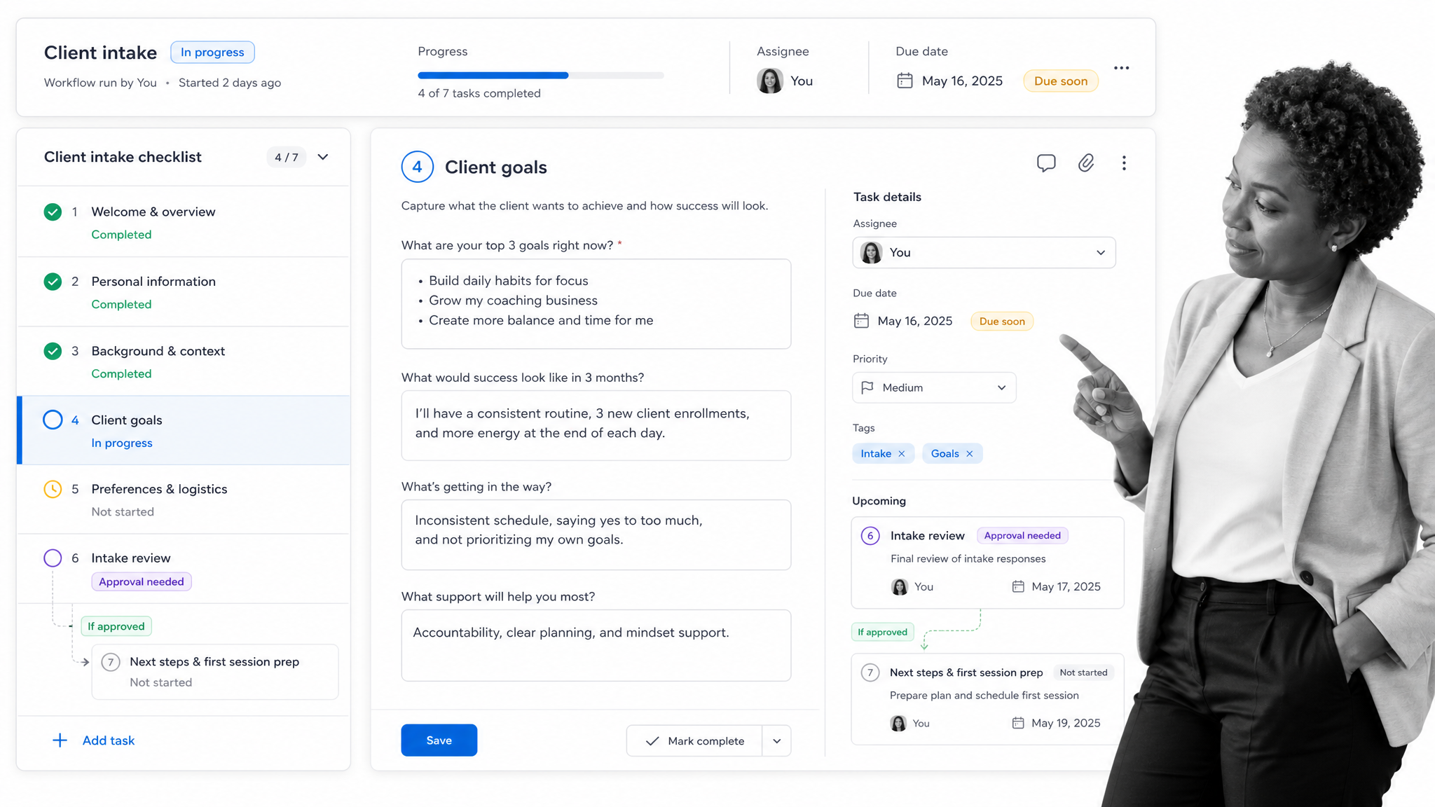 Life coach reviewing client intake questions in a workflow dashboard