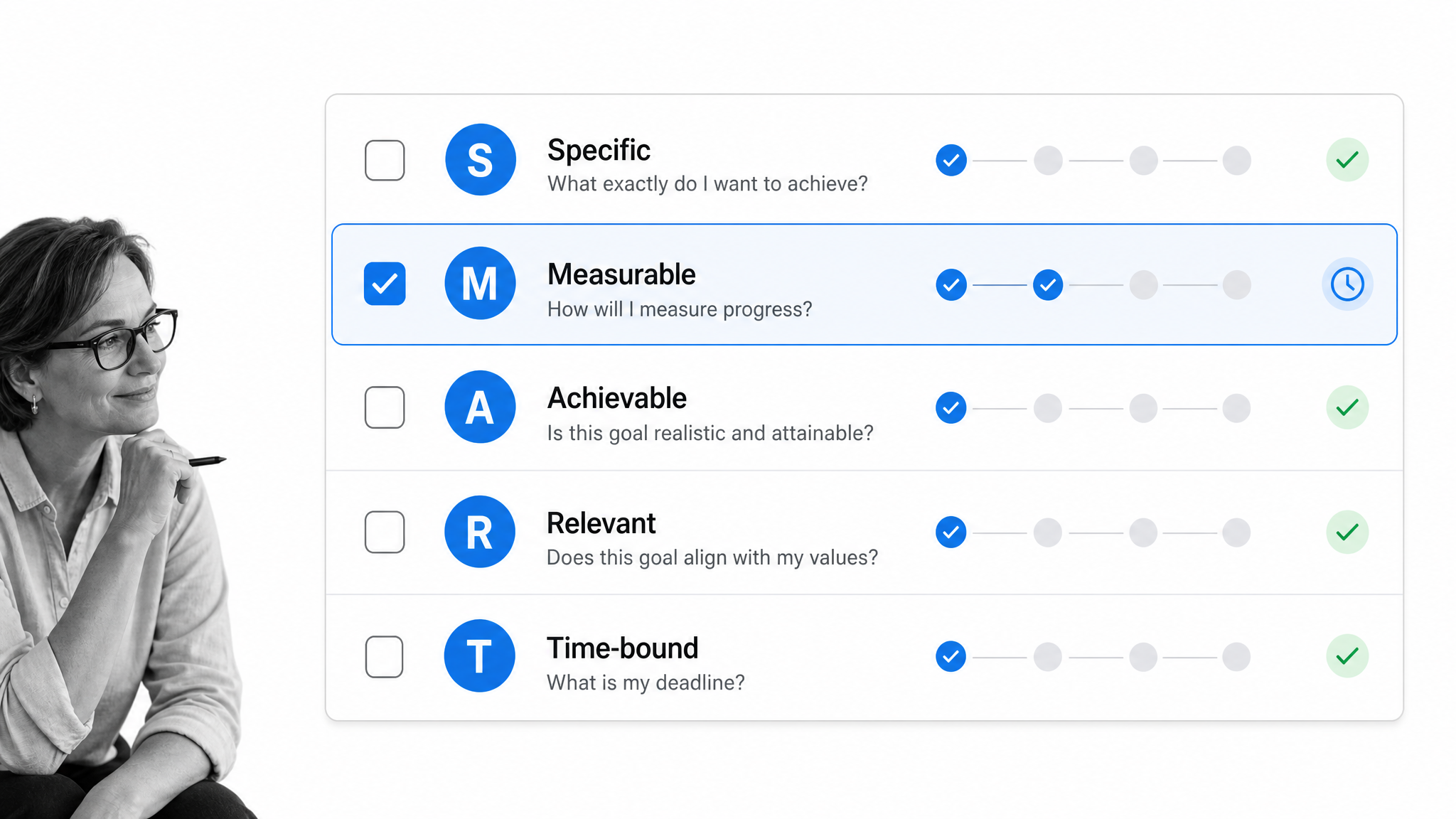 Life coach using a SMART goal setting checklist with a client