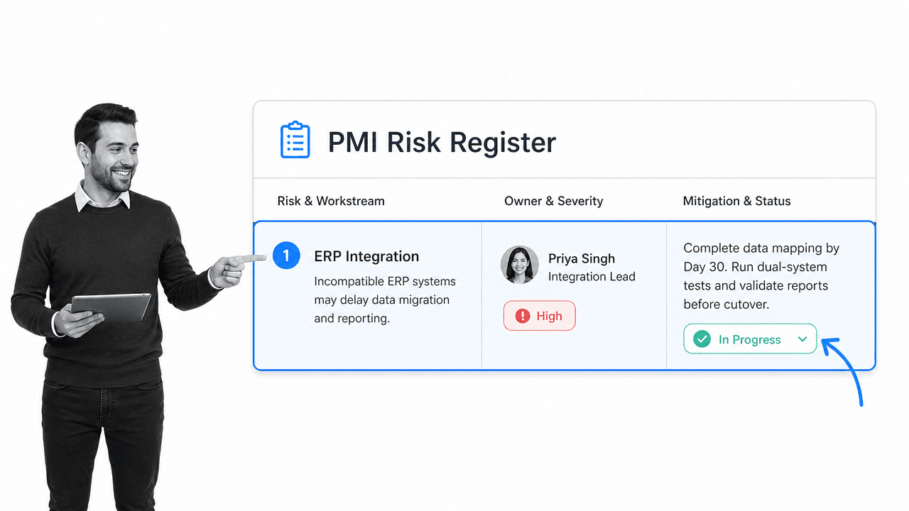 Post-merger integration risk register with owners and mitigation status