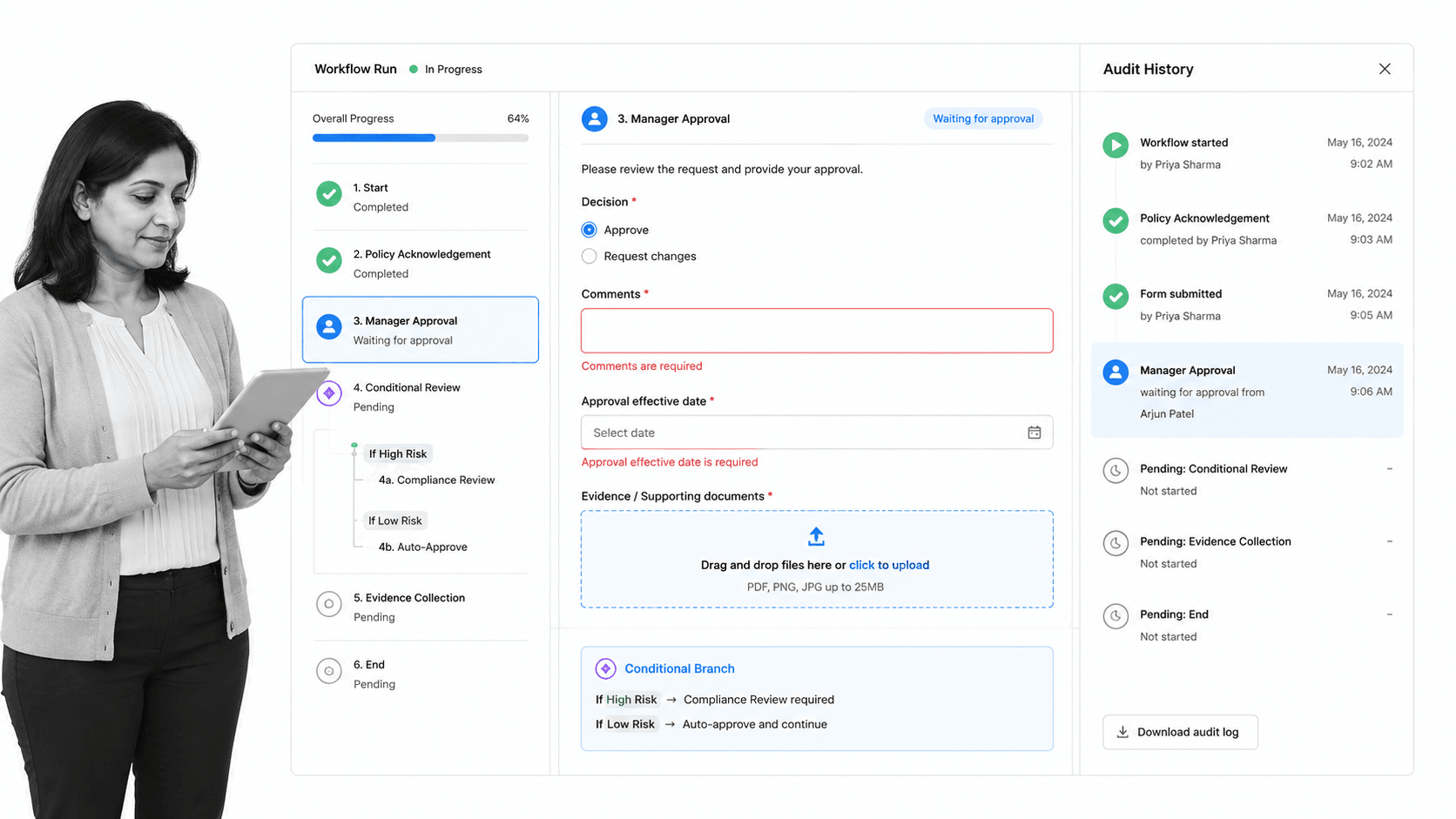 Process Street workflow run screen with approvals and audit history