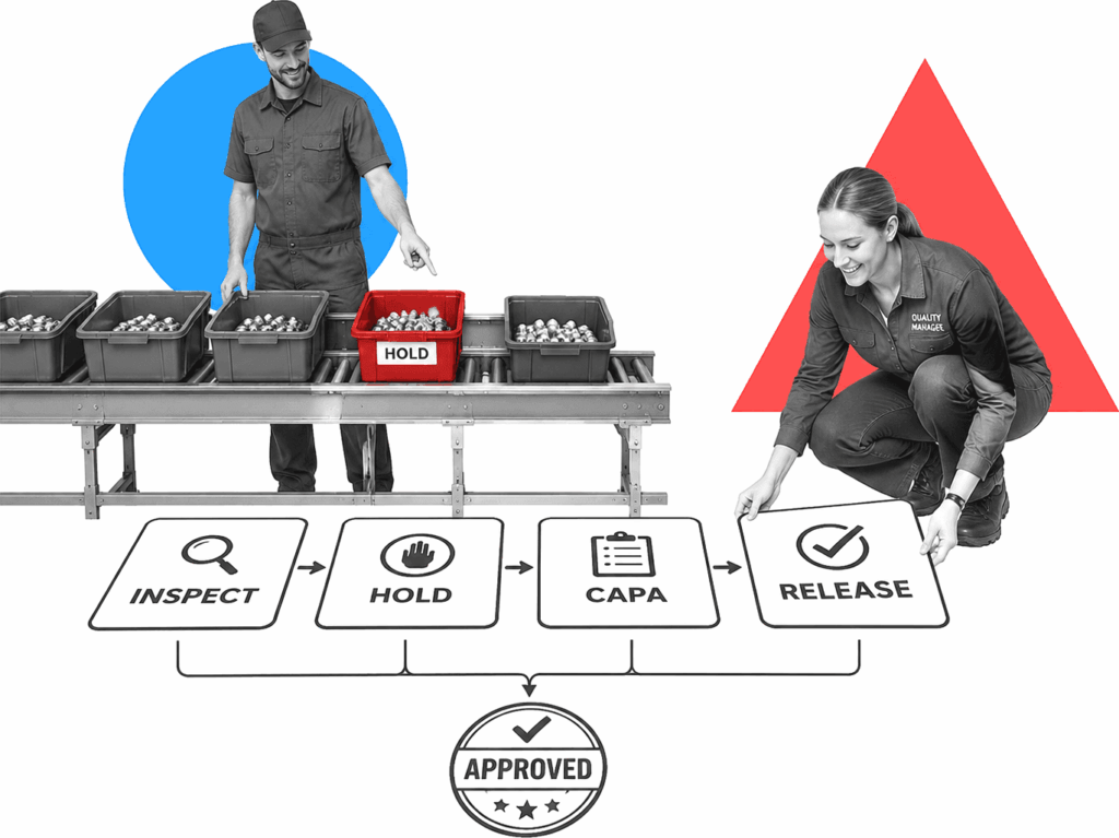 Manufacturing quality manager arranging labeled QC workflow tiles for inspection, deviation, CAPA, and release.