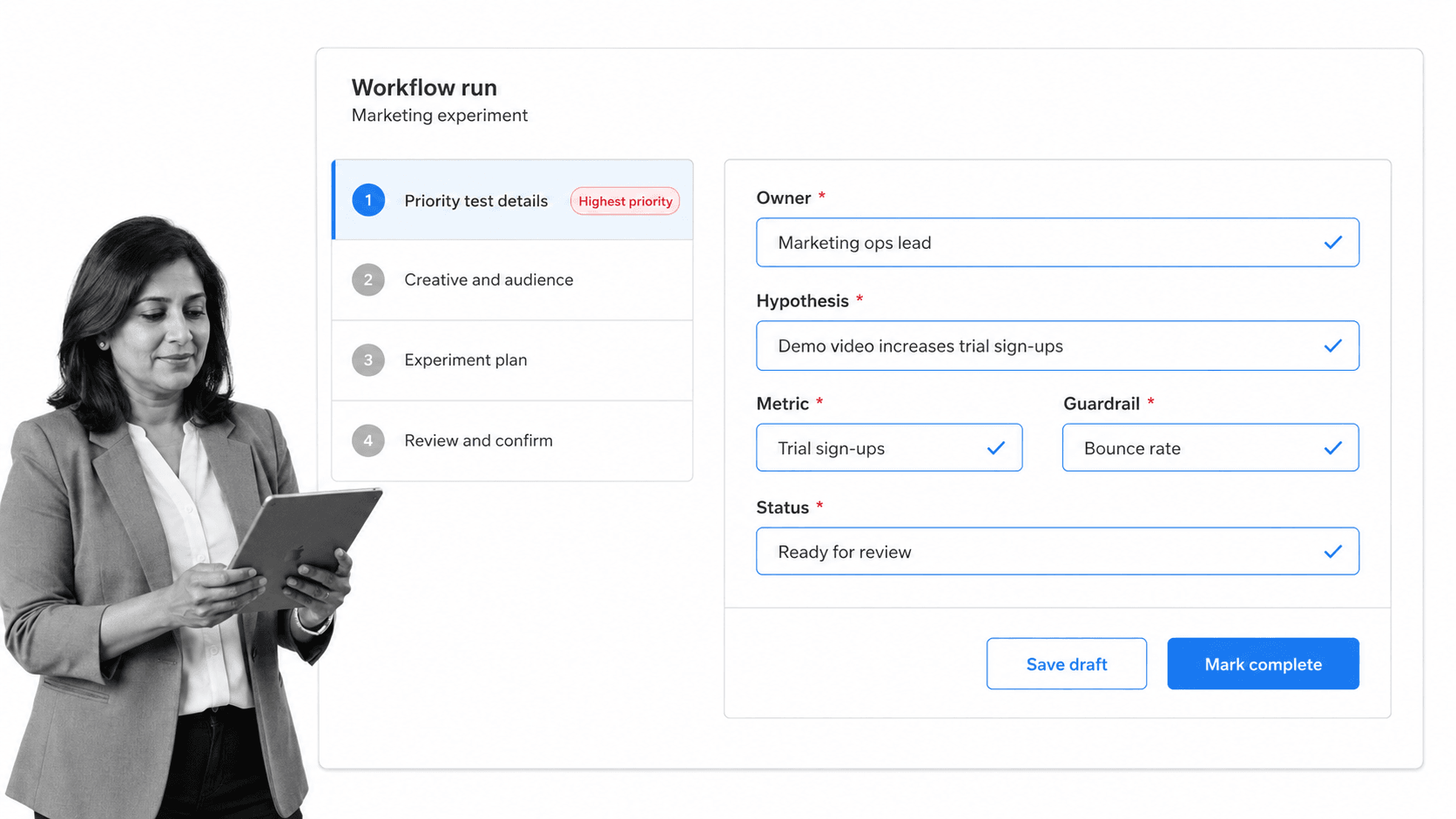 Process Street workflow run detail screen for a marketing experiment