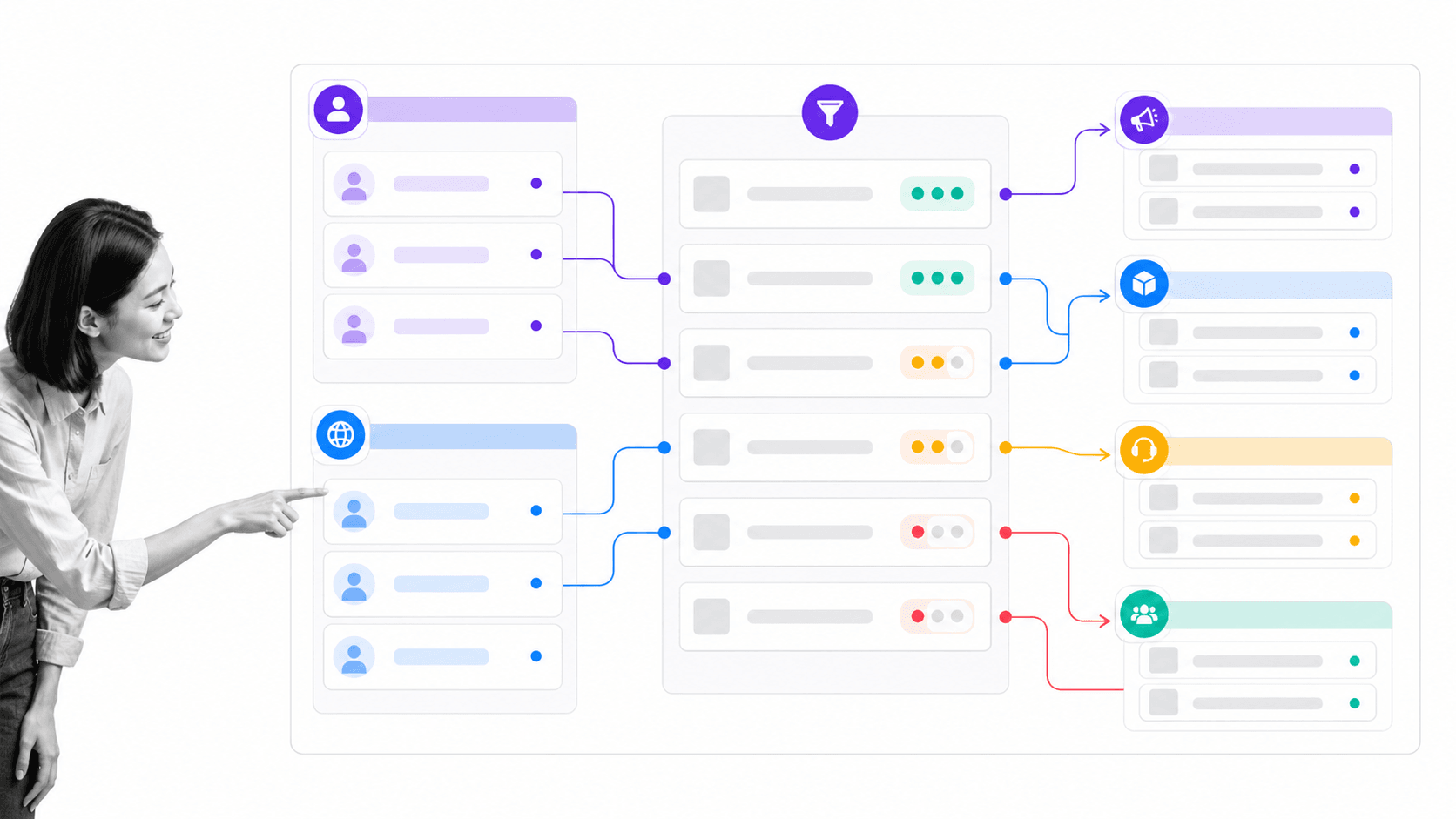 Textless idea intake routing board with a black-and-white marketing strategist for a GitLab marketing playbook lesson.